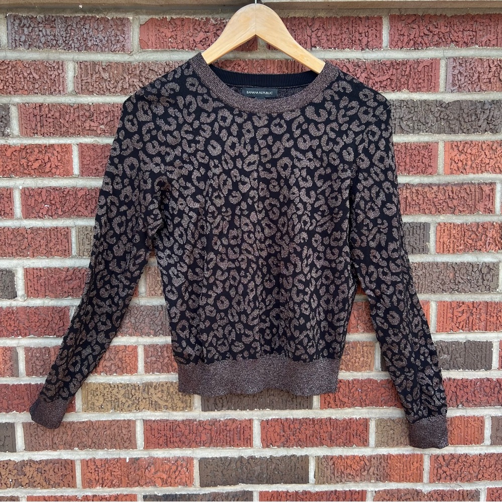Banana Republic Black and Gold Bronze Cheetah Patterned Crewneck Sweater